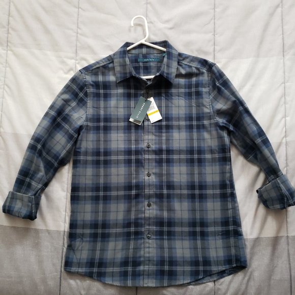 Perry Ellis Untucked Shirt Dark Sapphire Mens Medium Flannel Shirt $79MSRP - Picture 2 of 6